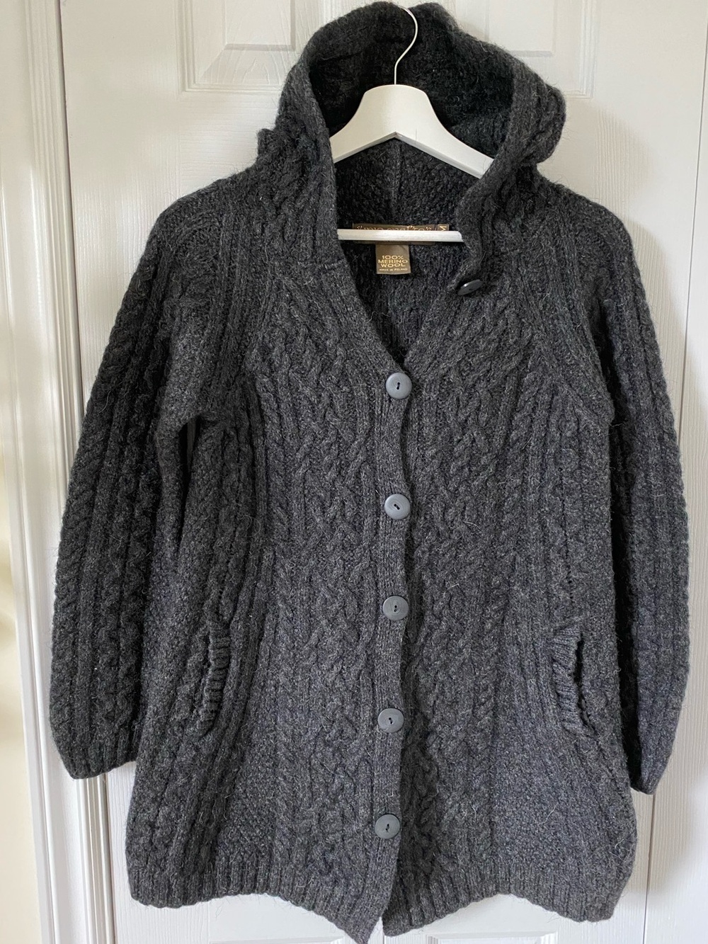 Inis Crafts 100% Merino Wool Made in Ireland Cable Knit Long Hooded Cardigan M